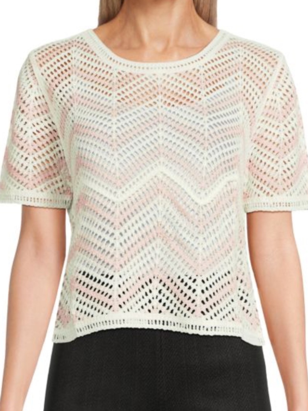 Laundry By Shelli Segal White & Pink Chevron Crochet Short Sleeve Top